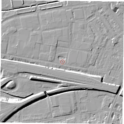 Shaded relief map of the ground around RG18EP, computed from Environment Agency LiDAR. The ground here sits at about 39 m above sea level and falls 11 m across the surrounding 800 m. Surface water reaching this point runs off ground lying to the west, 2.1 m higher.