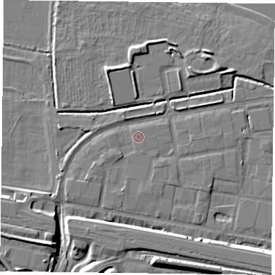 Shaded relief map of the ground around RG18EQ, computed from Environment Agency LiDAR. The ground here sits at about 39 m above sea level and falls 12 m across the surrounding 800 m. The ground contributing surface water to this point lies to the north-east.