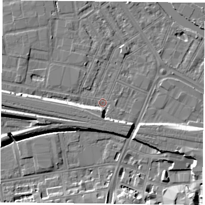 Shaded relief map of the ground around RG18ER, computed from Environment Agency LiDAR. The ground here sits at about 38 m above sea level and falls 11 m across the surrounding 800 m. Surface water reaching this point runs off ground lying to the west-south-west, 6.5 m higher.