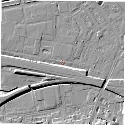 Shaded relief map of the ground around RG18ES, computed from Environment Agency LiDAR. The ground here sits at about 39 m above sea level and falls 11 m across the surrounding 800 m. Surface water reaching this point runs off ground lying to the north-west, 2.7 m higher.