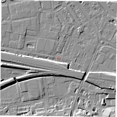 Shaded relief map of the ground around RG18ET, computed from Environment Agency LiDAR. The ground here sits at about 38 m above sea level and falls 11 m across the surrounding 800 m. Surface water reaching this point runs off ground lying to the south-south-west, 6.5 m higher.