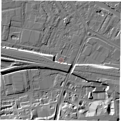 Shaded relief map of the ground around RG18EU, computed from Environment Agency LiDAR. The ground here sits at about 38 m above sea level and falls 10 m across the surrounding 800 m. Surface water reaching this point runs off ground lying to the south-east, 6.2 m higher.