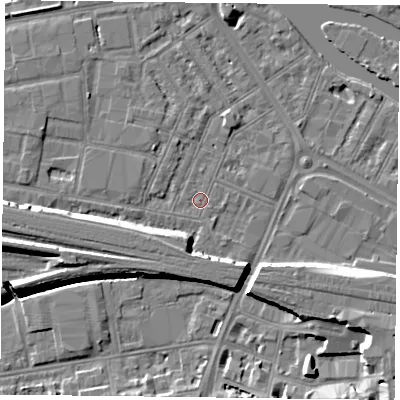 Shaded relief map of the ground around RG18EY, computed from Environment Agency LiDAR. The ground here sits at about 38 m above sea level and falls 10 m across the surrounding 800 m. The ground contributing surface water to this point lies to the west.