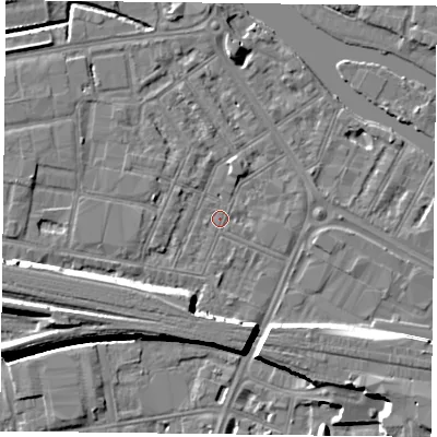 Shaded relief map of the ground around RG18EZ, computed from Environment Agency LiDAR. The ground here sits at about 38 m above sea level and falls 10 m across the surrounding 800 m. Surface water reaching this point runs off ground lying to the west-south-west, 0.6 m higher.