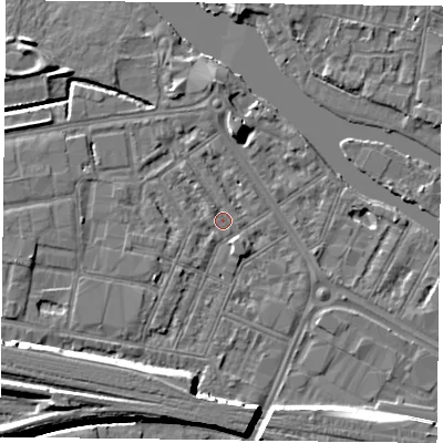 Shaded relief map of the ground around RG18FG, computed from Environment Agency LiDAR. The ground here sits at about 38 m above sea level and falls 10 m across the surrounding 800 m. Surface water reaching this point runs off ground lying to the west-north-west, 2.1 m higher.