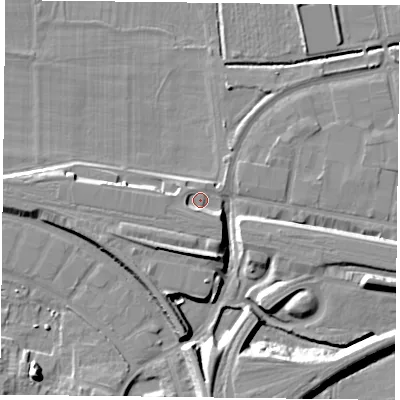Shaded relief map of the ground around RG18FN, computed from Environment Agency LiDAR. The ground here sits at about 40 m above sea level and falls 12 m across the surrounding 800 m. Surface water reaching this point runs off ground lying to the south-east, 3.9 m higher.