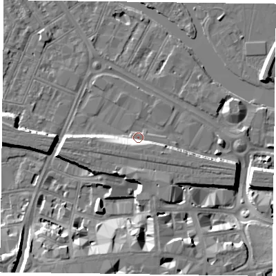 Shaded relief map of the ground around RG18FP, computed from Environment Agency LiDAR. The ground here sits at about 39 m above sea level and falls 10 m across the surrounding 800 m. Surface water reaching this point runs off ground lying to the south-south-west, 8.8 m higher.