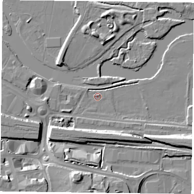 Shaded relief map of the ground around RG18FR, computed from Environment Agency LiDAR. The ground here sits at about 37 m above sea level and falls 12 m across the surrounding 800 m. Surface water reaching this point runs off ground lying to the south-south-east, 7.8 m higher.