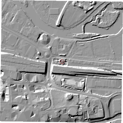 Shaded relief map of the ground around RG18FW, computed from Environment Agency LiDAR. The ground here sits at about 38 m above sea level and falls 12 m across the surrounding 800 m. Surface water reaching this point runs off ground lying to the south-south-west, 7.4 m higher.