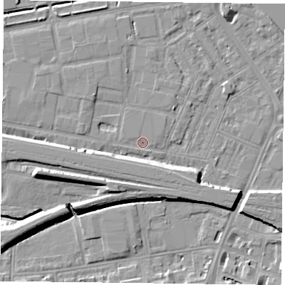 Shaded relief map of the ground around RG18FX, computed from Environment Agency LiDAR. The ground here sits at about 39 m above sea level and falls 11 m across the surrounding 800 m. Surface water reaching this point runs off ground lying to the north-west, 2.7 m higher.