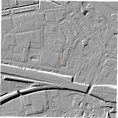 Shaded relief map of the ground around RG18GA, computed from Environment Agency LiDAR. The ground here sits at about 39 m above sea level and falls 11 m across the surrounding 800 m. Surface water reaching this point runs off ground lying to the north-north-east, 1.3 m higher.