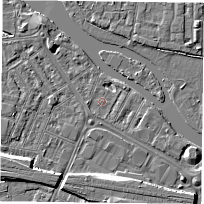 Shaded relief map of the ground around RG18GG, computed from Environment Agency LiDAR. The ground here sits at about 38 m above sea level and falls 8 m across the surrounding 800 m. Surface water reaching this point runs off ground lying to the west, 1.1 m higher.