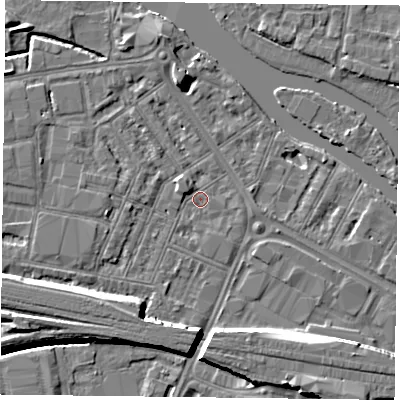 Shaded relief map of the ground around RG18HA, computed from Environment Agency LiDAR. The ground here sits at about 38 m above sea level and falls 10 m across the surrounding 800 m. Surface water reaching this point runs off ground lying to the south-west, 6.5 m higher.