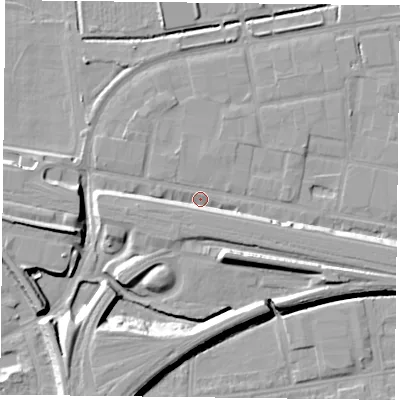 Shaded relief map of the ground around RG18HD, computed from Environment Agency LiDAR. The ground here sits at about 38 m above sea level and falls 12 m across the surrounding 800 m. Surface water reaching this point runs off ground lying to the east-north-east, 1.4 m higher.