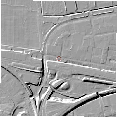 Shaded relief map of the ground around RG18HS, computed from Environment Agency LiDAR. The ground here sits at about 39 m above sea level and falls 12 m across the surrounding 800 m. Surface water reaching this point runs off ground lying to the east-south-east, 6.1 m higher.