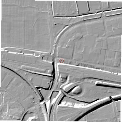 Shaded relief map of the ground around RG18HT, computed from Environment Agency LiDAR. The ground here sits at about 39 m above sea level and falls 12 m across the surrounding 800 m. Surface water reaching this point runs off ground lying to the south-west, 10.0 m higher.