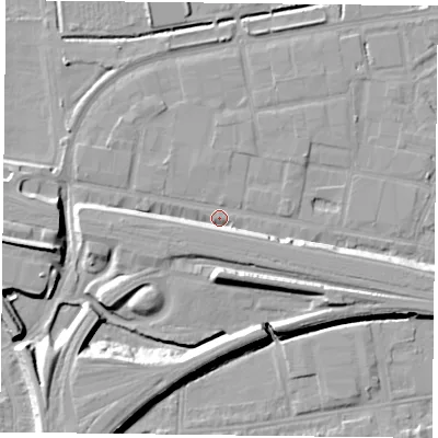 Shaded relief map of the ground around RG18HY, computed from Environment Agency LiDAR. The ground here sits at about 39 m above sea level and falls 12 m across the surrounding 800 m. Surface water reaching this point runs off ground lying to the north-east, 1.4 m higher.