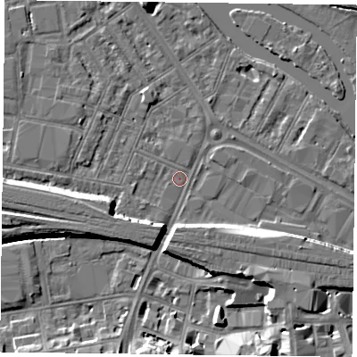 Shaded relief map of the ground around RG18JA, computed from Environment Agency LiDAR. The ground here sits at about 38 m above sea level and falls 10 m across the surrounding 800 m. Surface water reaching this point runs off ground lying to the south-south-east, 8.5 m higher.