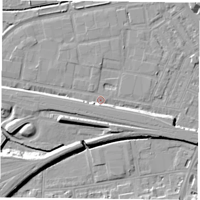 Shaded relief map of the ground around RG18JF, computed from Environment Agency LiDAR. The ground here sits at about 39 m above sea level and falls 11 m across the surrounding 800 m. Surface water reaching this point runs off ground lying to the east-south-east, 5.9 m higher.
