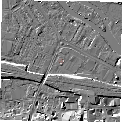 Shaded relief map of the ground around RG18JG, computed from Environment Agency LiDAR. The ground here sits at about 38 m above sea level and falls 9 m across the surrounding 800 m. Surface water reaching this point runs off ground lying to the south-south-east, 8.5 m higher.