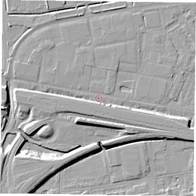 Shaded relief map of the ground around RG18JR, computed from Environment Agency LiDAR. The ground here sits at about 39 m above sea level and falls 12 m across the surrounding 800 m. Surface water reaching this point runs off ground lying to the north-east, 1.0 m higher.