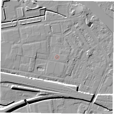 Shaded relief map of the ground around RG18LB, computed from Environment Agency LiDAR. The ground here sits at about 39 m above sea level and falls 11 m across the surrounding 800 m. Surface water reaching this point runs off ground lying to the east, 0.6 m higher.