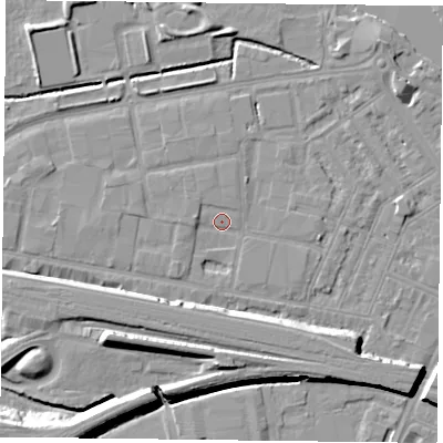 Shaded relief map of the ground around RG18LG, computed from Environment Agency LiDAR. The ground here sits at about 39 m above sea level and falls 11 m across the surrounding 800 m. Surface water reaching this point runs off ground lying to the west, 2.7 m higher.