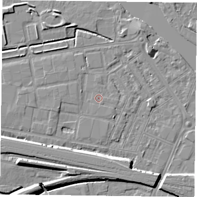 Shaded relief map of the ground around RG18LJ, computed from Environment Agency LiDAR. The ground here sits at about 39 m above sea level and falls 11 m across the surrounding 800 m. Surface water reaching this point runs off ground lying to the south-east, 0.6 m higher.