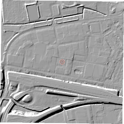 Shaded relief map of the ground around RG18LL, computed from Environment Agency LiDAR. The ground here sits at about 39 m above sea level and falls 12 m across the surrounding 800 m. Surface water reaching this point runs off ground lying to the east-north-east, 1.0 m higher.