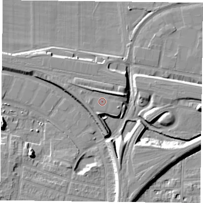 Shaded relief map of the ground around RG18NA, computed from Environment Agency LiDAR. The ground here sits at about 43 m above sea level and falls 12 m across the surrounding 800 m. Surface water reaching this point runs off ground lying to the north-north-east, 2.6 m higher.