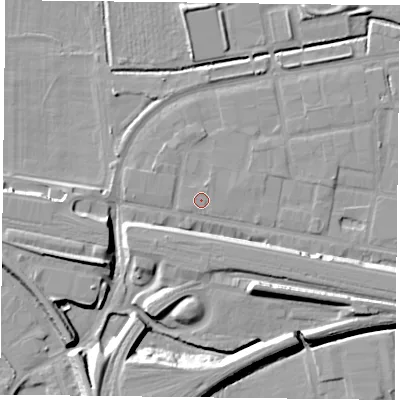 Shaded relief map of the ground around RG18NH, computed from Environment Agency LiDAR. The ground here sits at about 39 m above sea level and falls 12 m across the surrounding 800 m. Surface water reaching this point runs off ground lying to the north-north-east, 0.9 m higher.