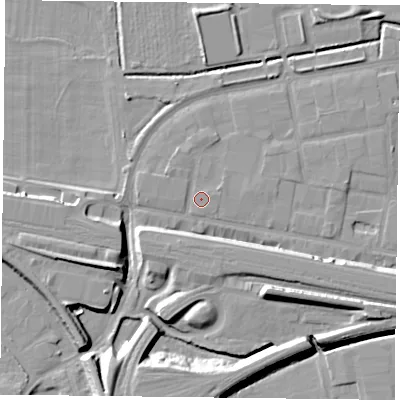 Shaded relief map of the ground around RG18PQ, computed from Environment Agency LiDAR. The ground here sits at about 39 m above sea level and falls 12 m across the surrounding 800 m. Surface water reaching this point runs off ground lying to the north, 1.2 m higher.