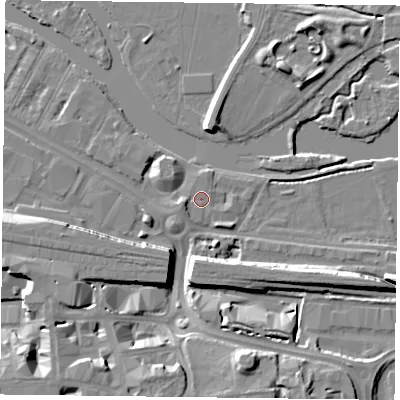 Shaded relief map of the ground around RG18PR, computed from Environment Agency LiDAR. The ground here sits at about 38 m above sea level and falls 12 m across the surrounding 800 m. Surface water reaching this point runs off ground lying to the west, 2.0 m higher.