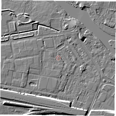 Shaded relief map of the ground around RG18QE, computed from Environment Agency LiDAR. The ground here sits at about 39 m above sea level and falls 11 m across the surrounding 800 m. Surface water reaching this point runs off ground lying to the south-south-west, 1.5 m higher.