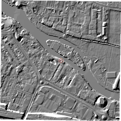 Shaded relief map of the ground around RG18QS, computed from Environment Agency LiDAR. The ground here sits at about 38 m above sea level and falls 8 m across the surrounding 800 m. Surface water reaching this point runs off ground lying to the east-south-east, 5.3 m higher.