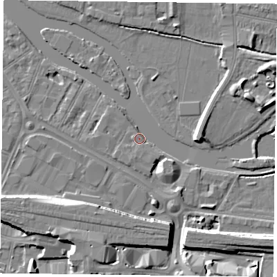 Shaded relief map of the ground around RG18QT, computed from Environment Agency LiDAR. The ground here sits at about 38 m above sea level and falls 10 m across the surrounding 800 m. Surface water reaching this point runs off ground lying to the east, 5.3 m higher.