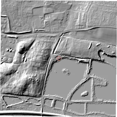 Shaded relief map of the ground around RG193FU, computed from Environment Agency LiDAR. The ground here sits at about 71 m above sea level and falls 13 m across the surrounding 800 m. Surface water reaching this point runs off ground lying to the north-east, 9.9 m higher.
