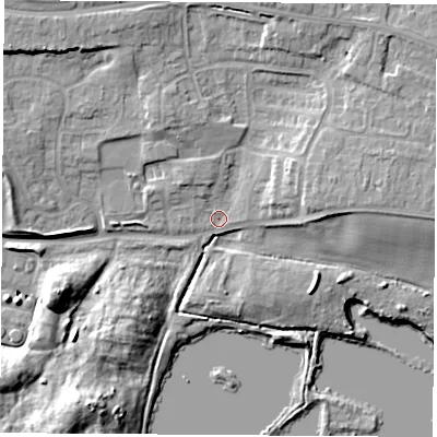 Shaded relief map of the ground around RG193RS, computed from Environment Agency LiDAR. The ground here sits at about 73 m above sea level and falls 13 m across the surrounding 800 m. Surface water reaching this point runs off ground lying to the north-north-east, 6.2 m higher.