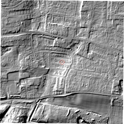 Shaded relief map of the ground around RG193SD, computed from Environment Agency LiDAR. The ground here sits at about 75 m above sea level and falls 13 m across the surrounding 800 m. Surface water reaching this point runs off ground lying to the east-south-east, 4.5 m higher.