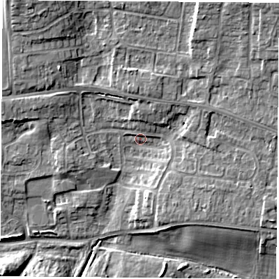 Shaded relief map of the ground around RG193SG, computed from Environment Agency LiDAR. The ground here sits at about 75 m above sea level and falls 12 m across the surrounding 800 m. Surface water reaching this point runs off ground lying to the south-east, 4.7 m higher.