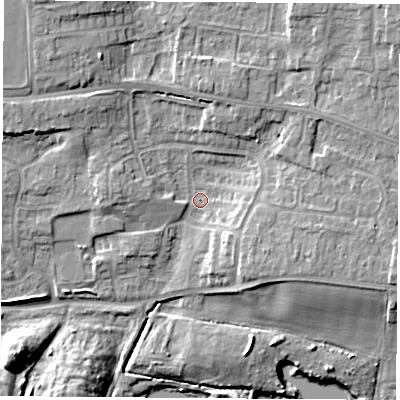 Shaded relief map of the ground around RG193SJ, computed from Environment Agency LiDAR. The ground here sits at about 74 m above sea level and falls 13 m across the surrounding 800 m. Surface water reaching this point runs off ground lying to the north-west, 7.0 m higher.