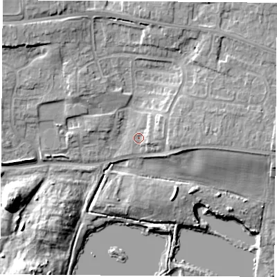 Shaded relief map of the ground around RG193SL, computed from Environment Agency LiDAR. The ground here sits at about 74 m above sea level and falls 12 m across the surrounding 800 m. Surface water reaching this point runs off ground lying to the east-south-east, 2.5 m higher.