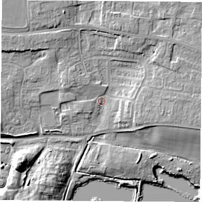 Shaded relief map of the ground around RG193SN, computed from Environment Agency LiDAR. The ground here sits at about 74 m above sea level and falls 12 m across the surrounding 800 m. Surface water reaching this point runs off ground lying to the north-north-west, 6.5 m higher.