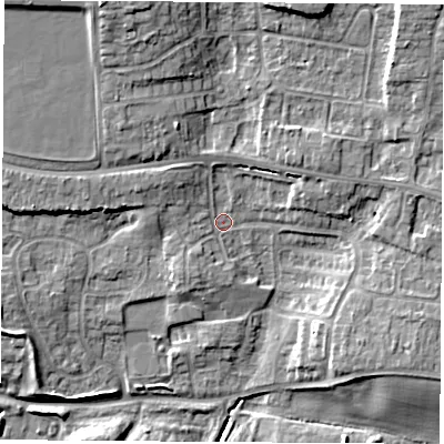 Shaded relief map of the ground around RG193TB, computed from Environment Agency LiDAR. The ground here sits at about 75 m above sea level and falls 14 m across the surrounding 800 m. Surface water reaching this point runs off ground lying to the north-north-west, 8.8 m higher.