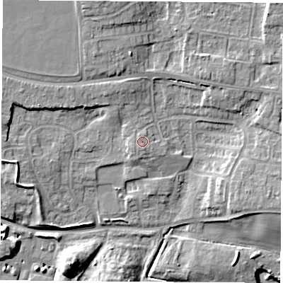 Shaded relief map of the ground around RG193TE, computed from Environment Agency LiDAR. The ground here sits at about 77 m above sea level and falls 14 m across the surrounding 800 m. Surface water reaching this point runs off ground lying to the south-south-west, 0.8 m higher.