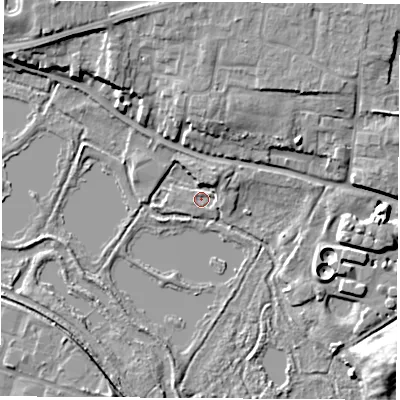 Shaded relief map of the ground around RG193TL, computed from Environment Agency LiDAR. The ground here sits at about 70 m above sea level and falls 13 m across the surrounding 800 m. Surface water reaching this point runs off ground lying to the north-east, 4.7 m higher.
