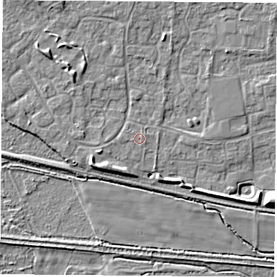 Shaded relief map of the ground around RG193XP, computed from Environment Agency LiDAR. The ground here sits at about 70 m above sea level and falls 10 m across the surrounding 800 m. Surface water reaching this point runs off ground lying to the west, 0.6 m higher.