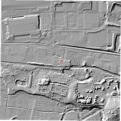 Shaded relief map of the ground around RG194AJ, computed from Environment Agency LiDAR. The ground here sits at about 67 m above sea level and falls 11 m across the surrounding 800 m. Surface water reaching this point runs off ground lying to the south, 1.4 m higher.
