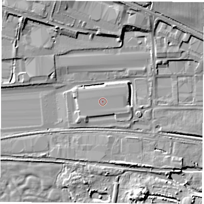 Shaded relief map of the ground around RG194AL, computed from Environment Agency LiDAR. The ground here sits at about 67 m above sea level and falls 11 m across the surrounding 800 m. The ground contributing surface water to this point lies to the north-north-east.
