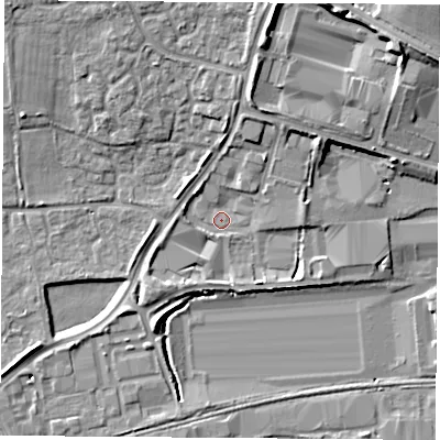 Shaded relief map of the ground around RG194ER, computed from Environment Agency LiDAR. The ground here sits at about 67 m above sea level and falls 17 m across the surrounding 800 m. Surface water reaching this point runs off ground lying to the west-south-west, 1.7 m higher.